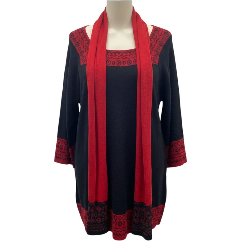 Style & Co Petite XL Sweater Tunic Black Red Fair Isle Knit with Scarf Set